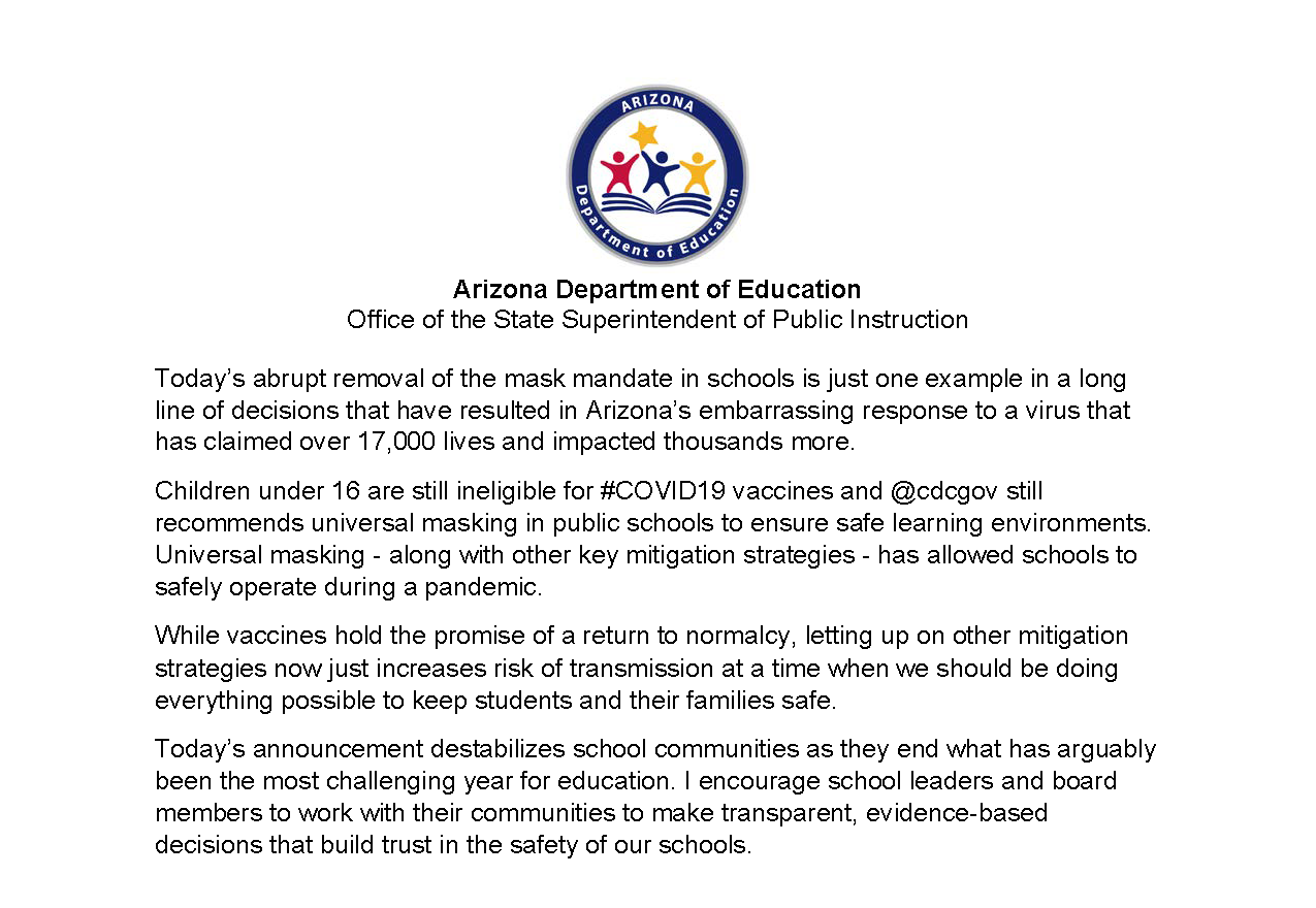 Gov. Ducey lifts mask mandate at K-12 schools